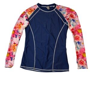 Womens Floral Long Sleeve Rash Guard Swim Top Navy Blue Pink Orange Large